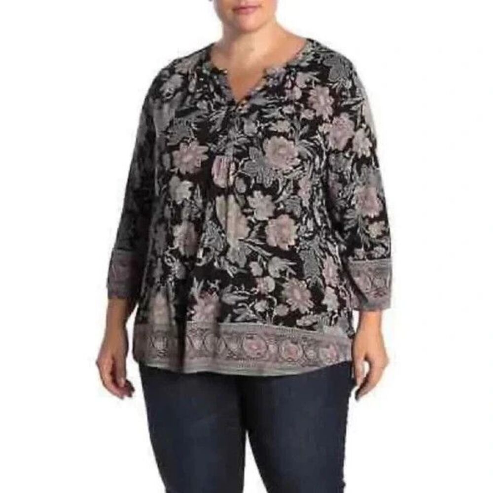Lucky Brand NWT floral‎ tunic top Size 3X black brown paisley 3/4 sleeve Boho